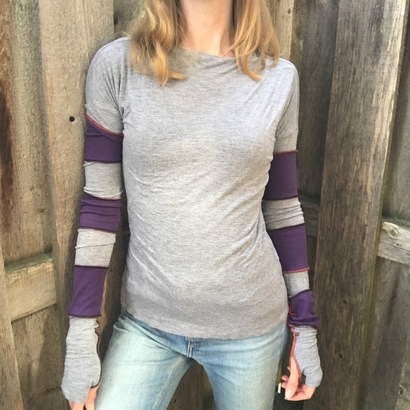 Upcycled Womens Purple Patchwork Shirt Size Medium Long Sleeve Gray Thumb Holes - Picture 3 of 12
